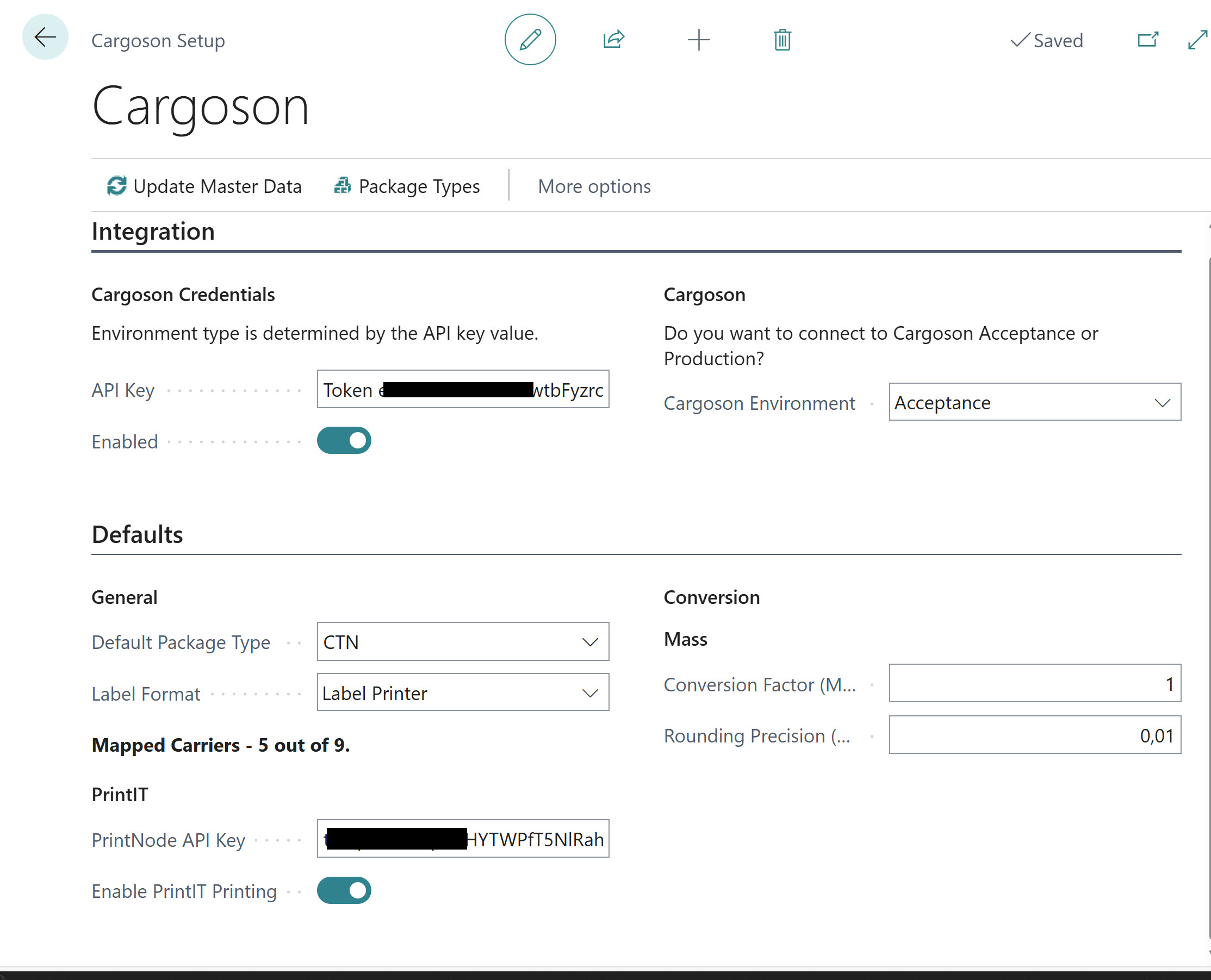 Cargoson oppsettside i ShipIT 365